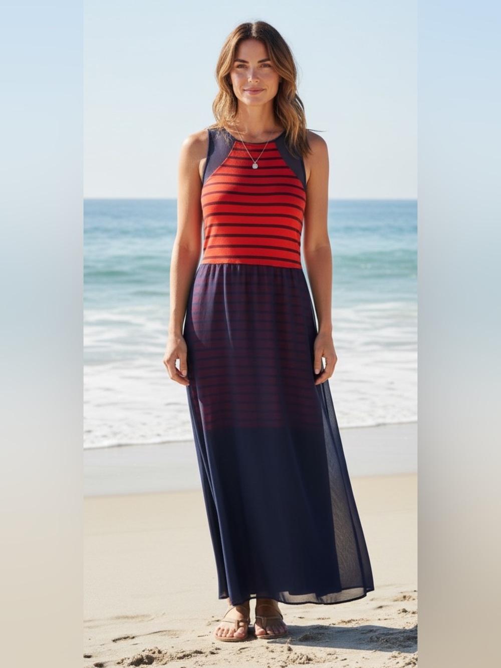 Gianni Bini Elegant Red and Navy Striped Dress Sz Medium